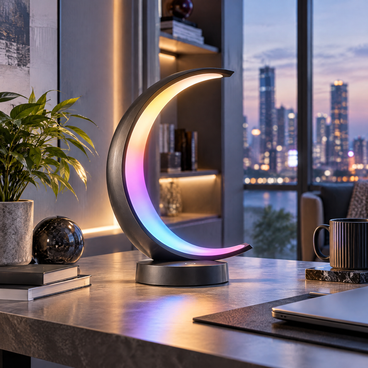 Elvoriad™ Lunar Arc Smart Sculpture Light – Crescent-Inspired RGB Ambient Desk Lamp