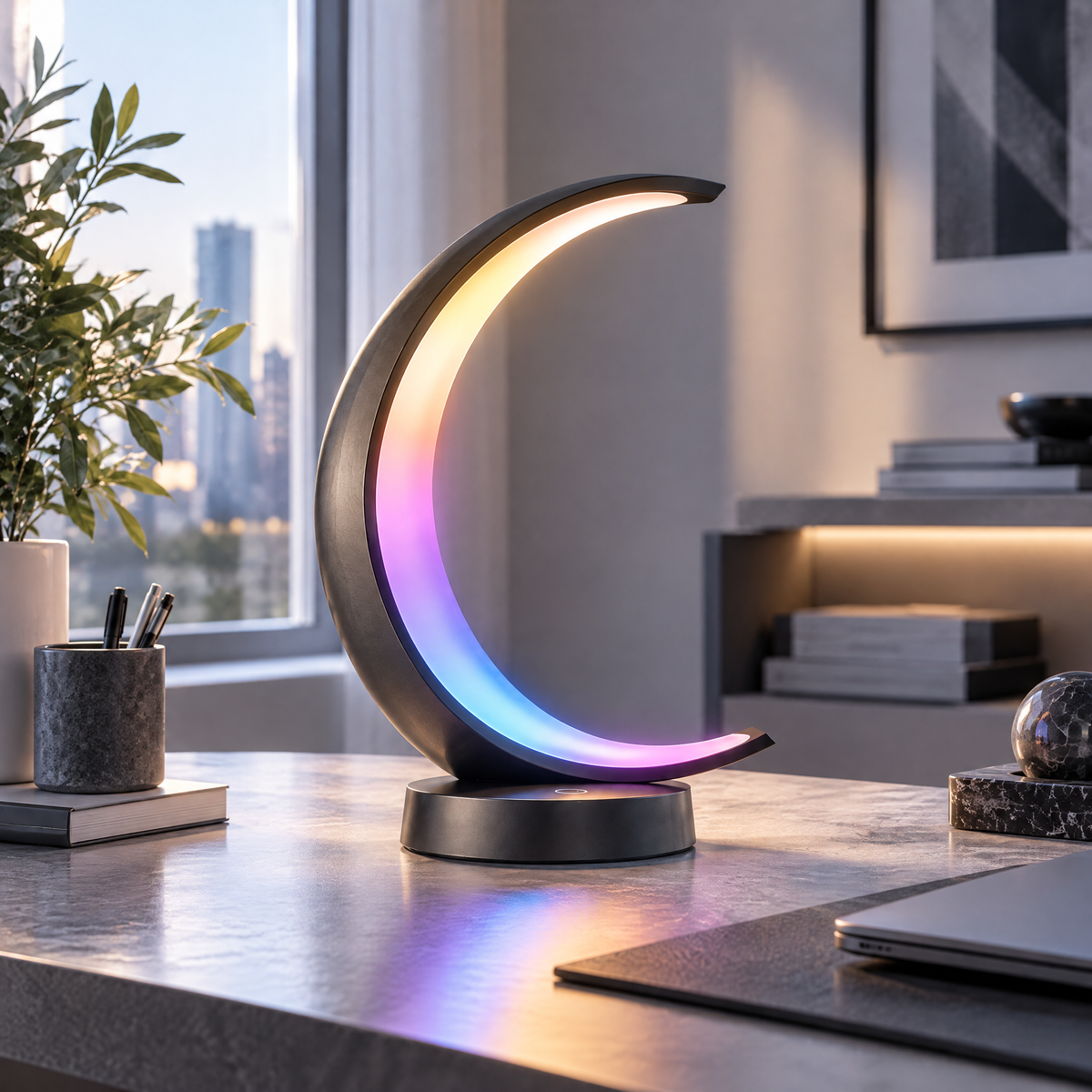 Elvoriad™ Lunar Arc Smart Sculpture Light – Crescent-Inspired RGB Ambient Desk Lamp