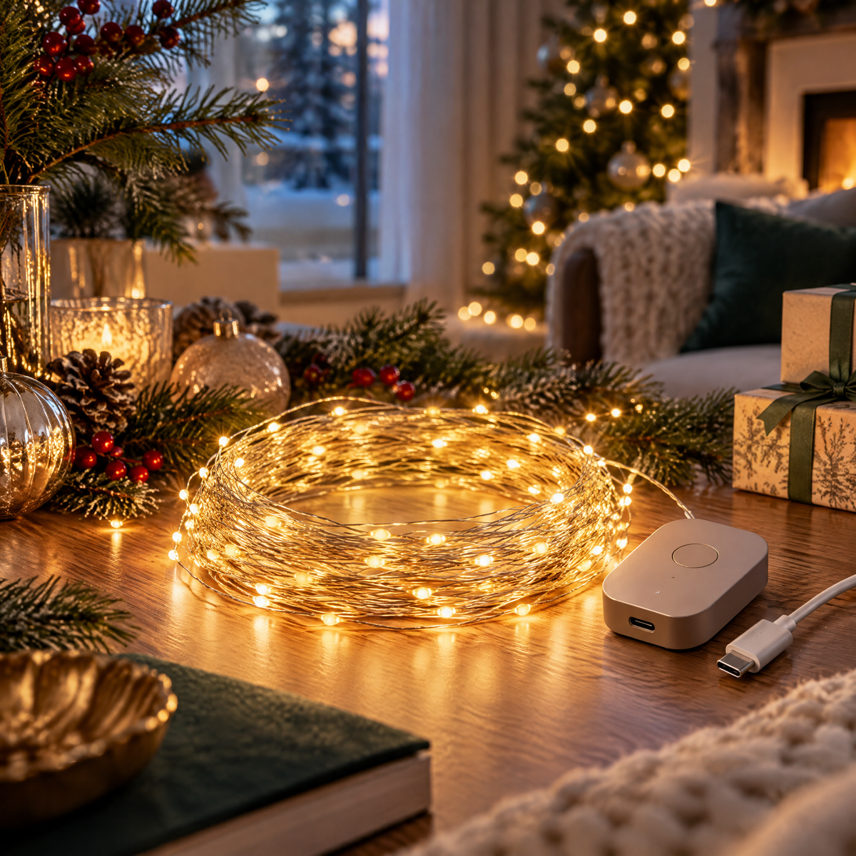 Elvoriad™ Winterline Smart Micro LED Garland – USB-C Rechargeable Holiday Accent Light